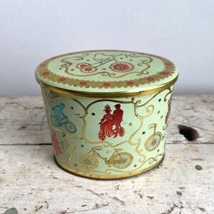 Vintage Baret Ware Art Grace Oval Tin England Victorian Bicycle Graphics Green